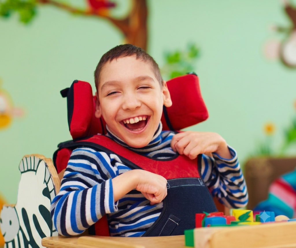 bambino disabile sorride in carrozzina